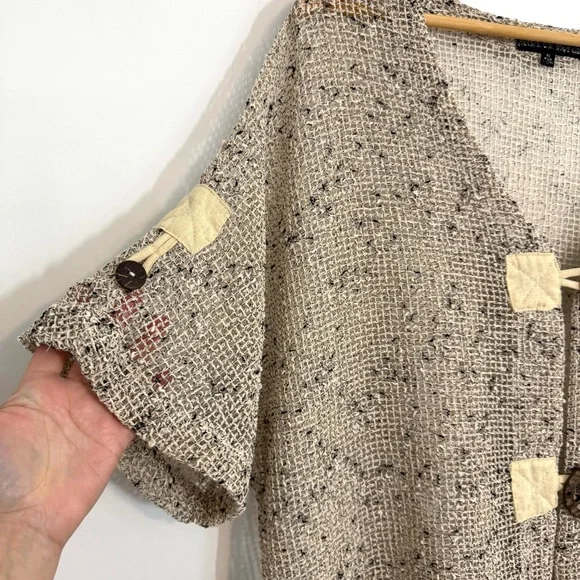 Vintage Open Knit Oatmeal Beige Boho Indie Hipster Big Button Cardigan Sweater - Picture 2 of 8